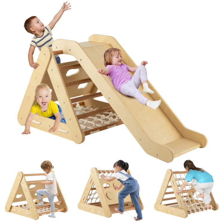 4-in-1 Triangle Climber Toy with Sliding Board and Climbing Net