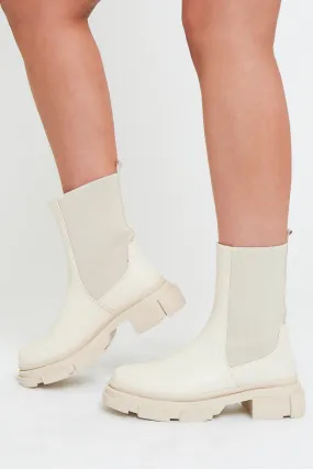 Beige Faux Leather Ankle High Biker Boots - Alija