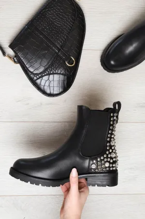 Black Faux Leather Silver Studded Chelsea Boots - Katelin