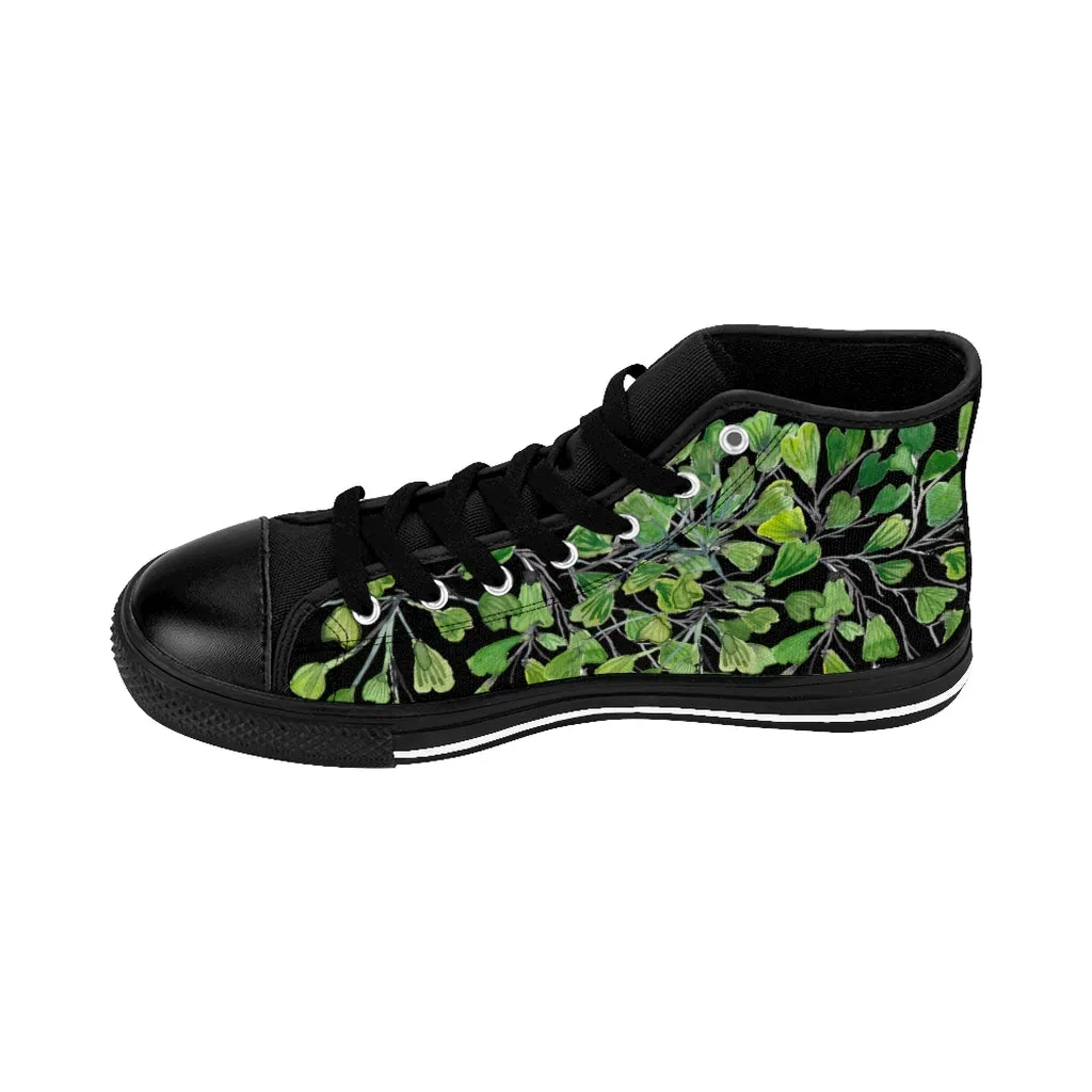 Black Fern Men's High-top Sneakers, Green Maidenhair Leaf Designer Tennis Running Shoes