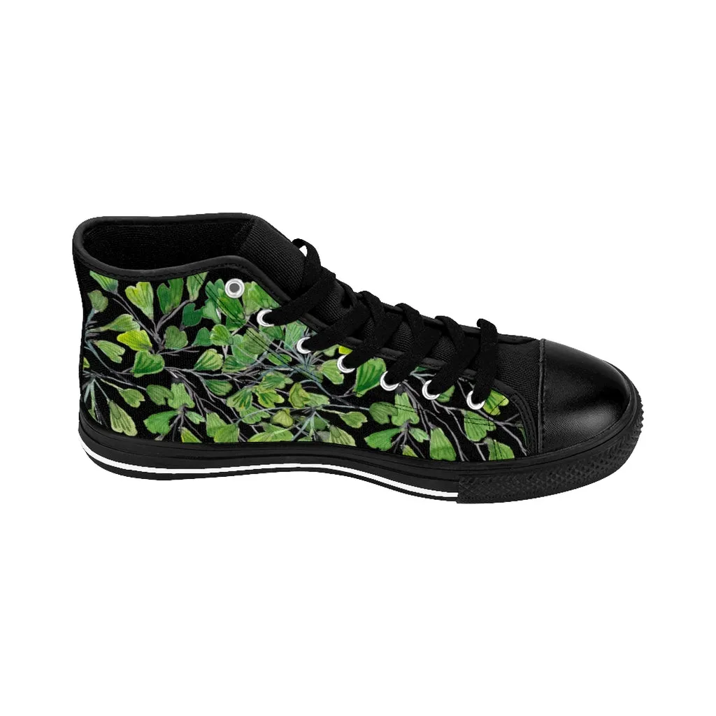 Black Fern Men's High-top Sneakers, Green Maidenhair Leaf Designer Tennis Running Shoes