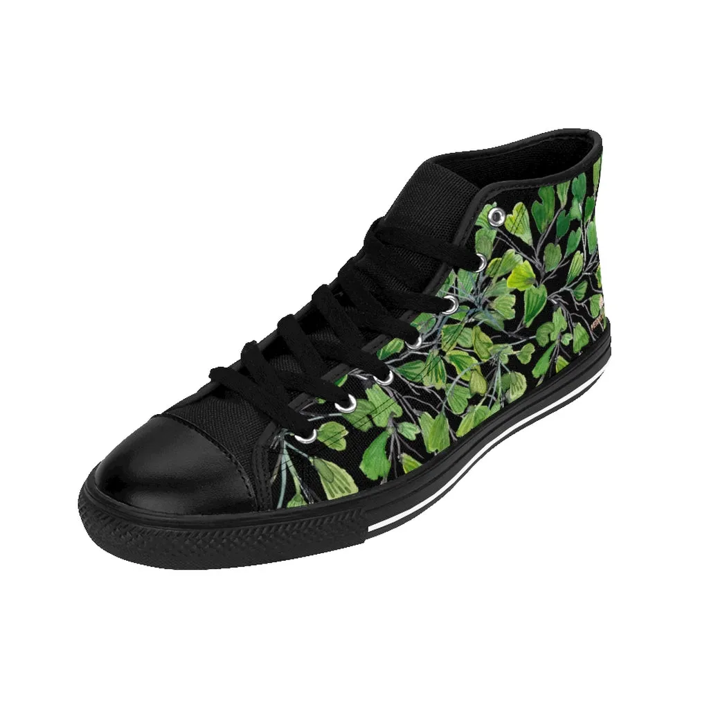 Black Fern Men's High-top Sneakers, Green Maidenhair Leaf Designer Tennis Running Shoes