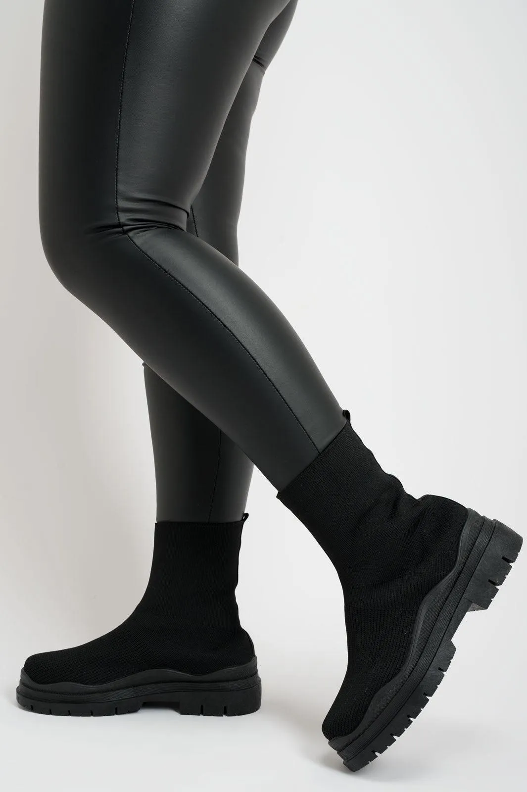 Black Short Fabric Sock Boots