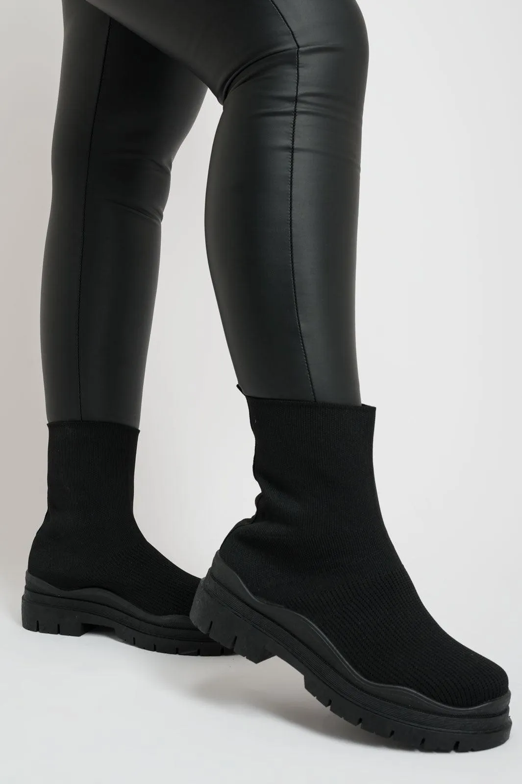 Black Short Fabric Sock Boots