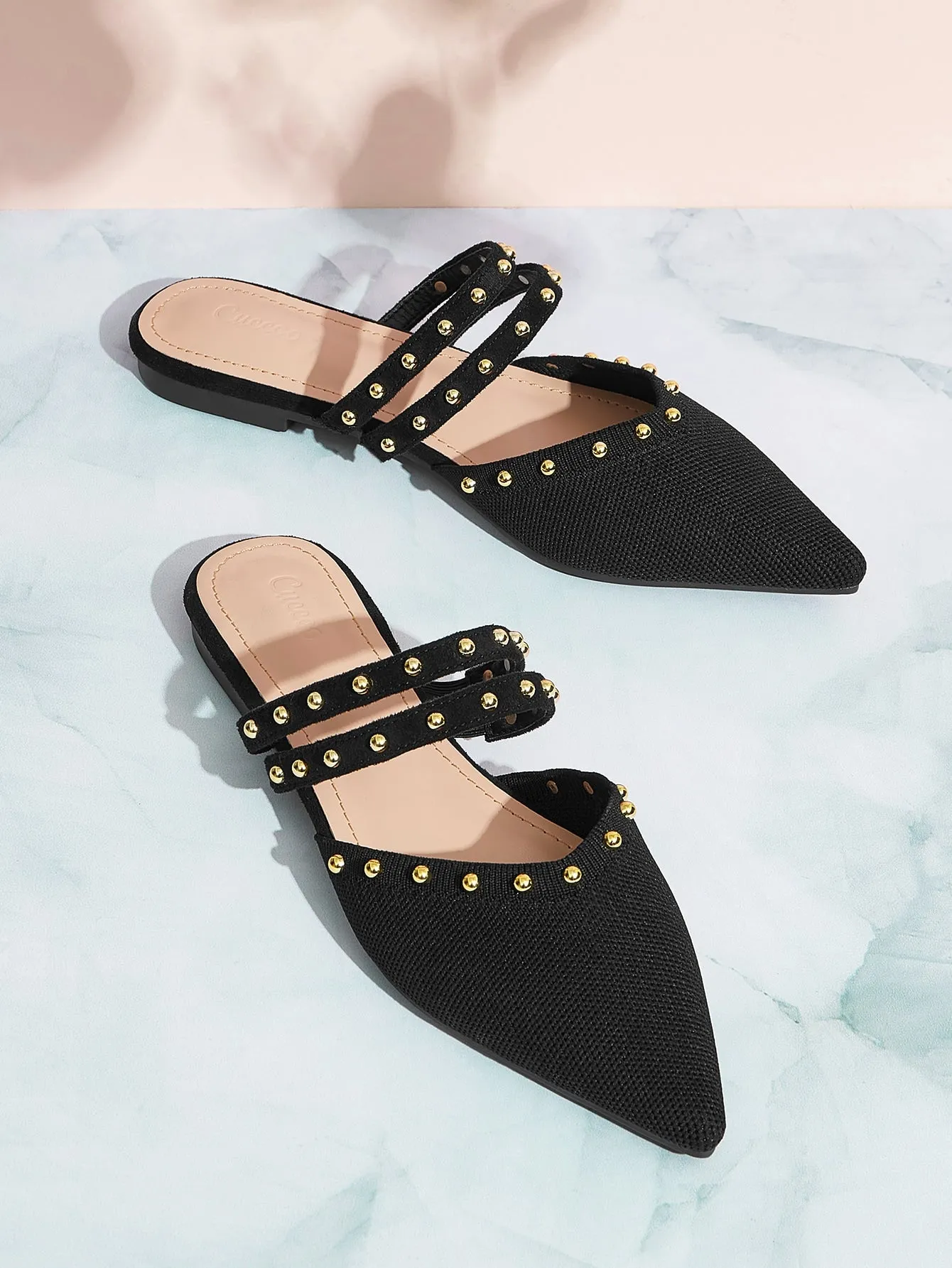 CUCCOO BASICS Woman Shoes Pointed Toe Elegant Rivets Decorated With Knot Detail Black Flat Mules For Summer Vacation Shoes Summer Sale Back To School Shoes College Student Shoes