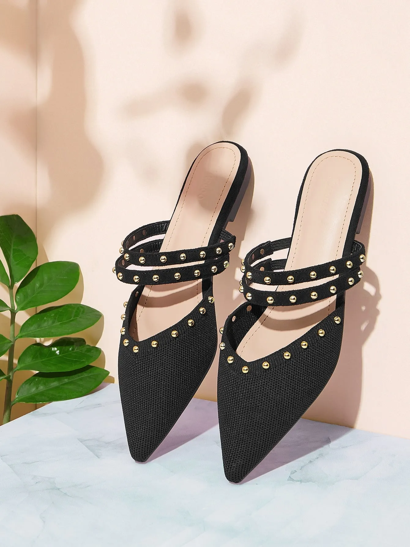 CUCCOO BASICS Woman Shoes Pointed Toe Elegant Rivets Decorated With Knot Detail Black Flat Mules For Summer Vacation Shoes Summer Sale Back To School Shoes College Student Shoes