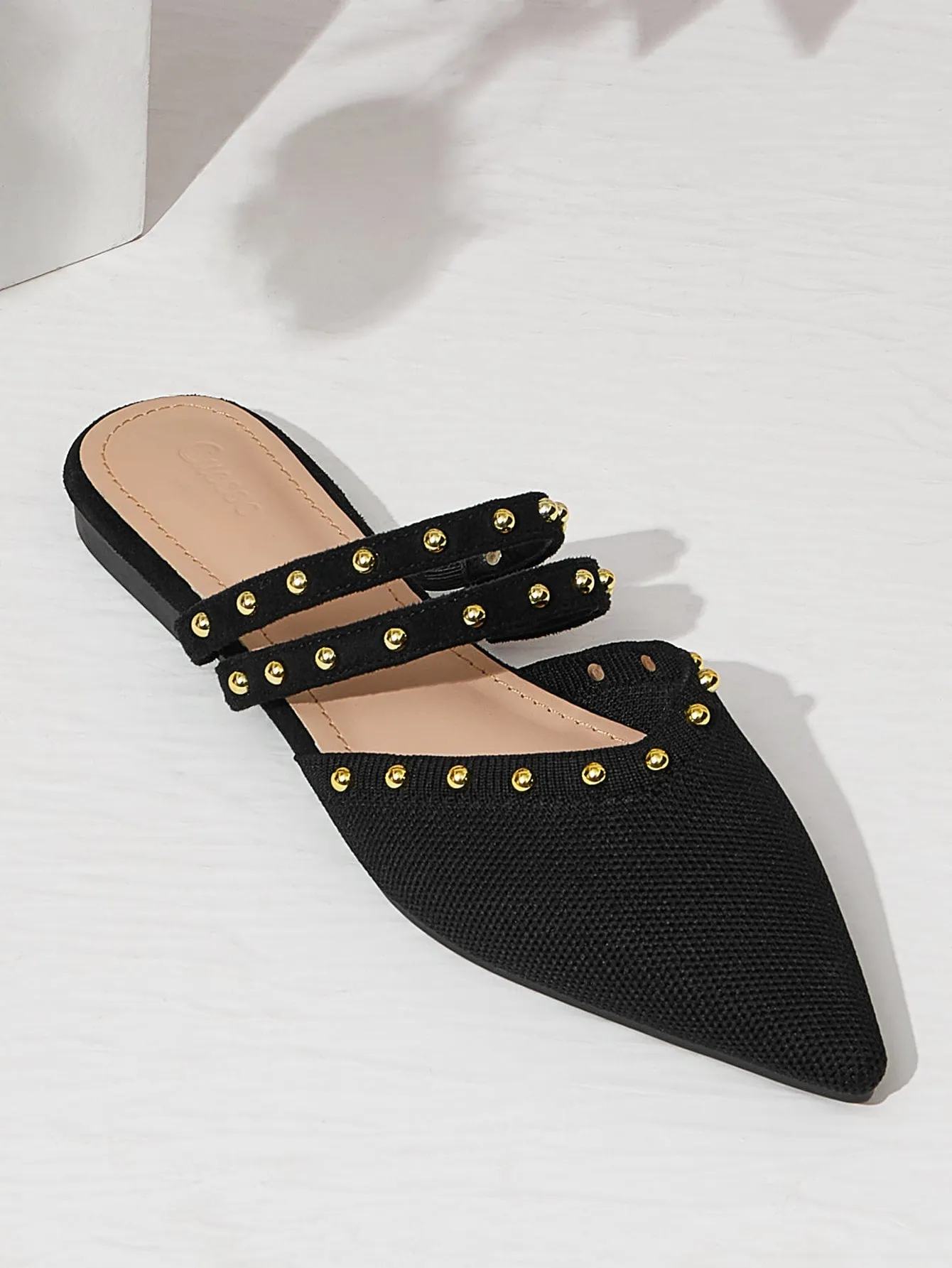 CUCCOO BASICS Woman Shoes Pointed Toe Elegant Rivets Decorated With Knot Detail Black Flat Mules For Summer Vacation Shoes Summer Sale Back To School Shoes College Student Shoes