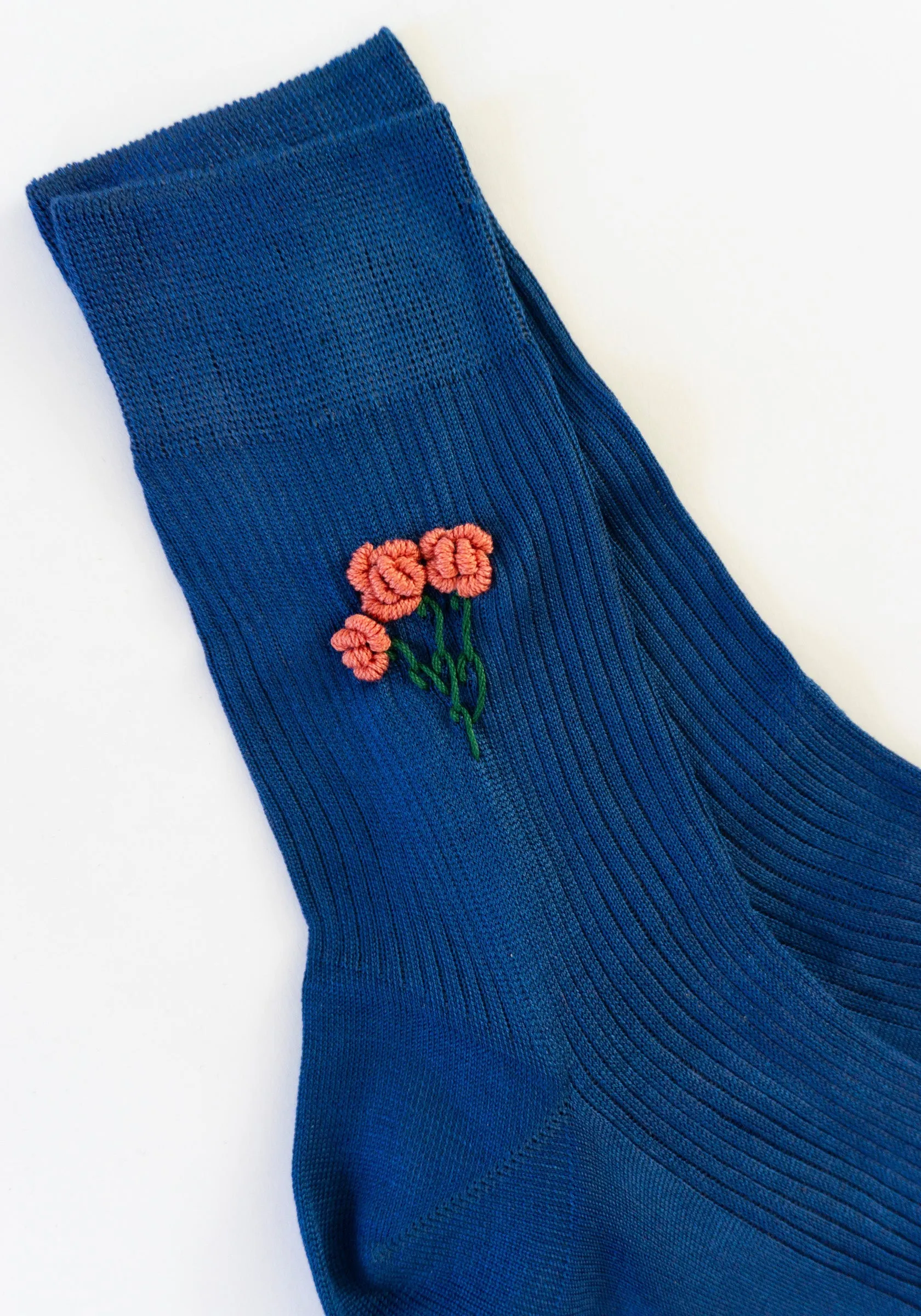 Floral Embroidered Sock with Blue Dahlia