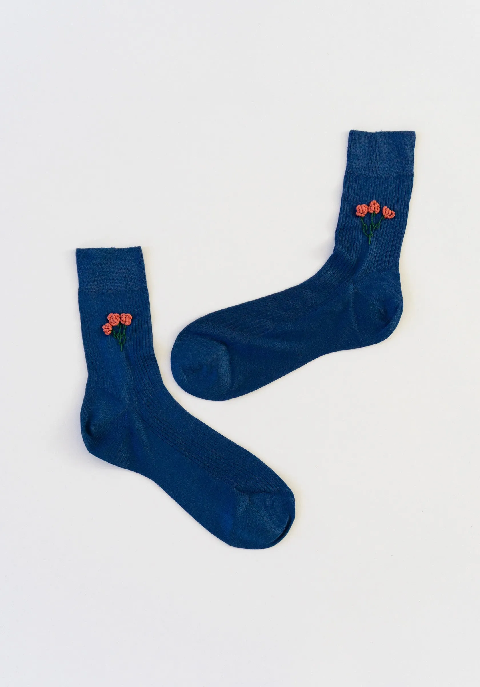 Floral Embroidered Sock with Blue Dahlia