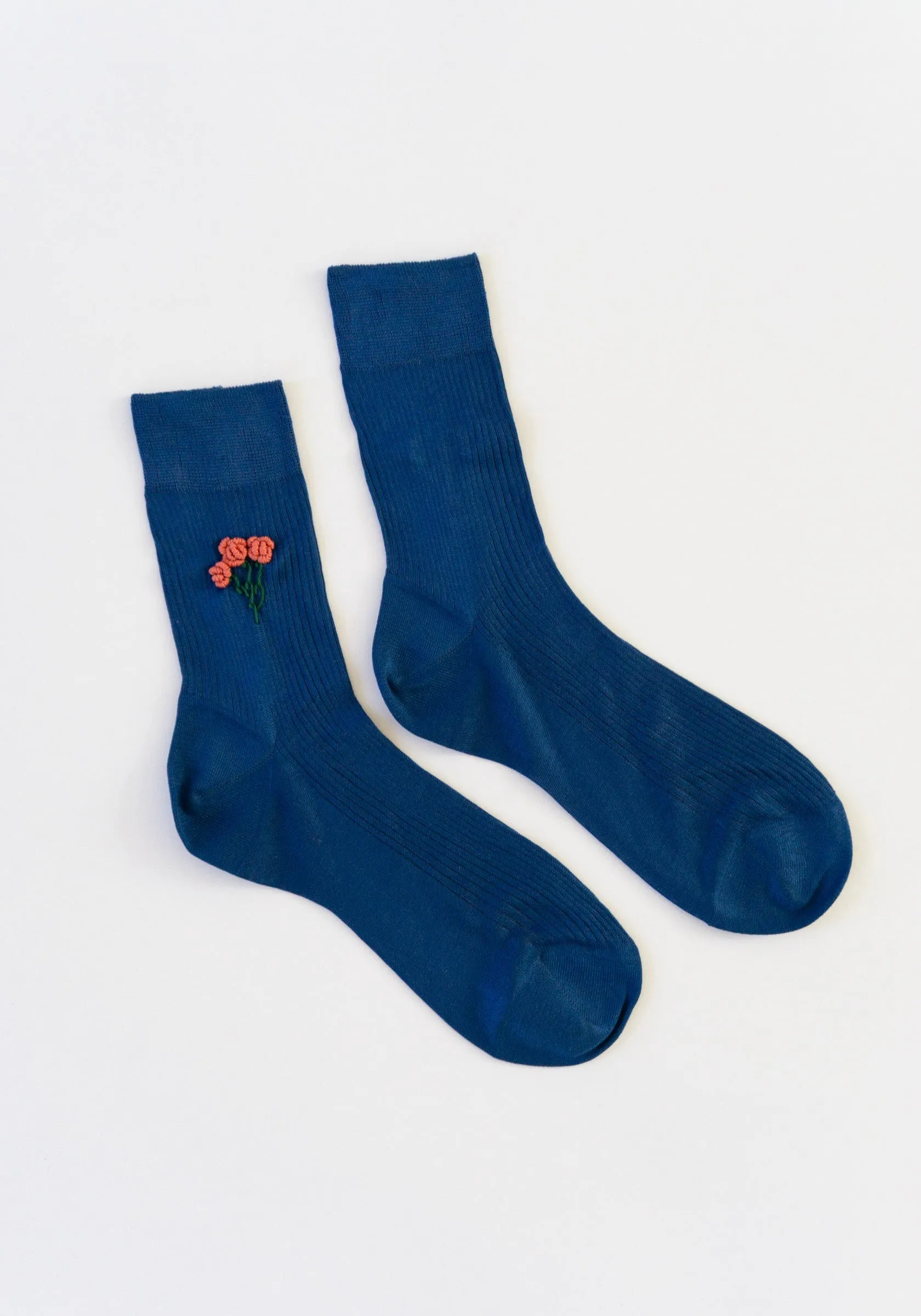 Floral Embroidered Sock with Blue Dahlia