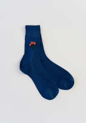 Floral Embroidered Sock with Blue Dahlia