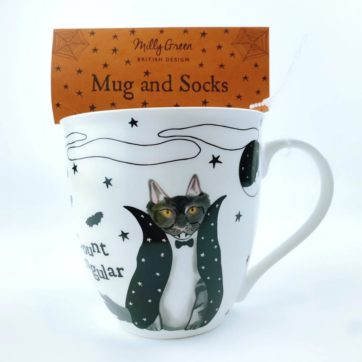 Milly Green British Design Halloween COUNT FANGULAR CAT Coffee Mug Tea Cup With Sock Set