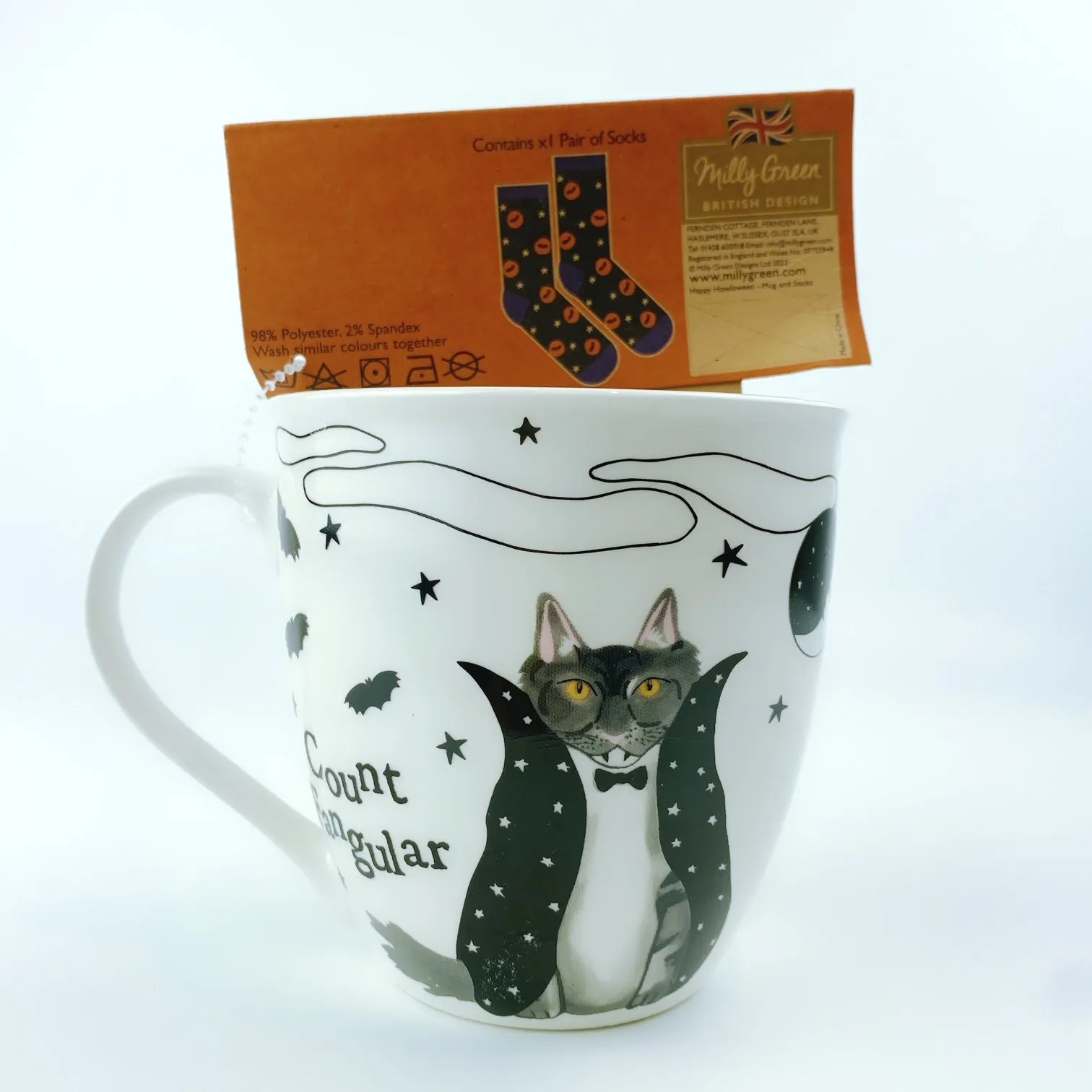 Milly Green British Design Halloween COUNT FANGULAR CAT Coffee Mug Tea Cup With Sock Set