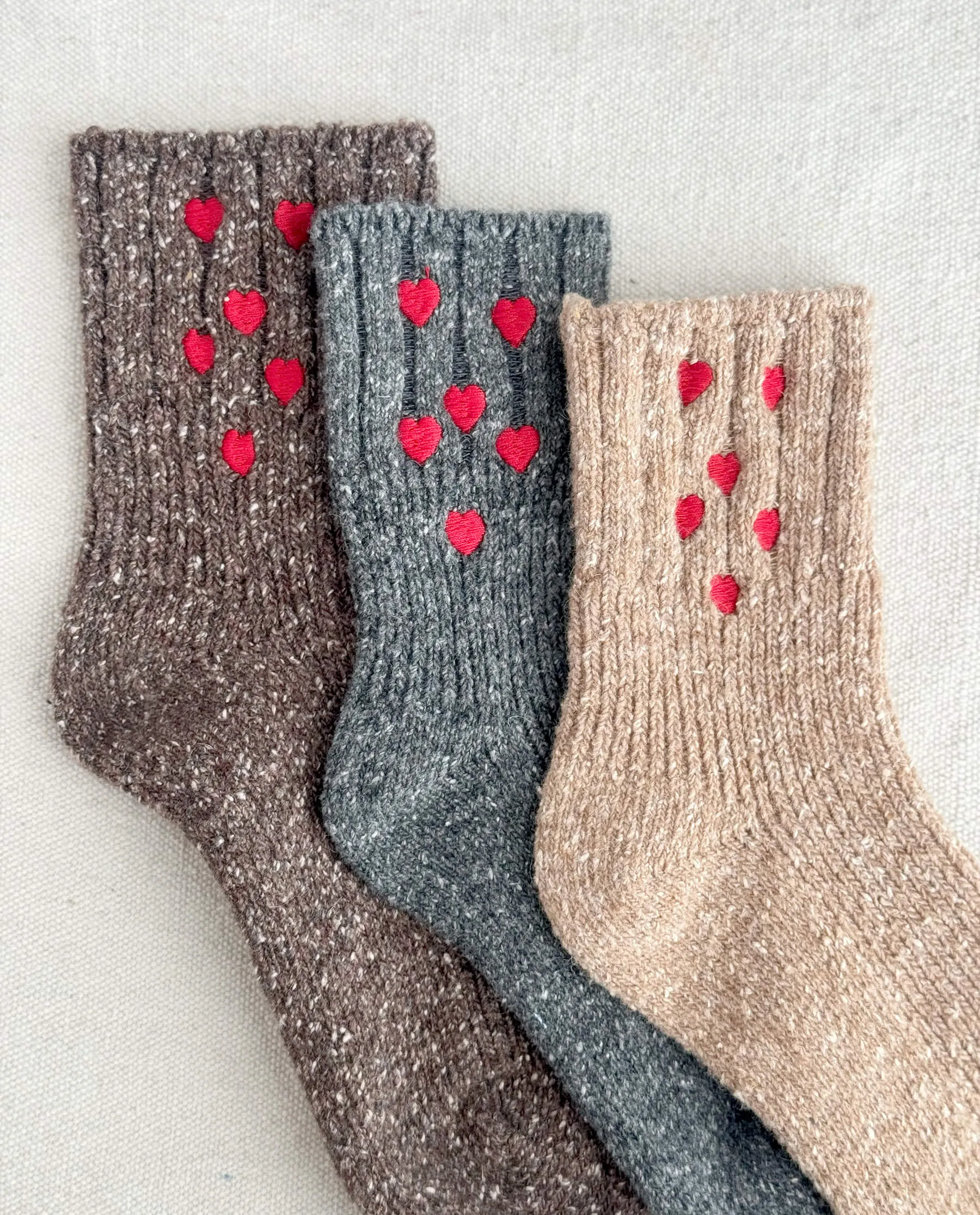 The Melange Rib Sock. -- Chocolate with Red Hearts