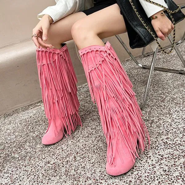 Women's Casual Ethnic Style Thick Heel High Tassel Boots 66647880S