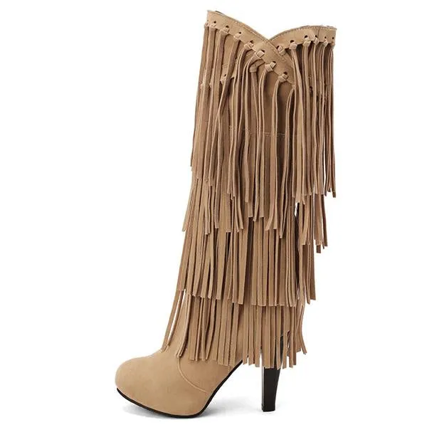 Women's Casual Ethnic Style Thick Heel High Tassel Boots 66647880S