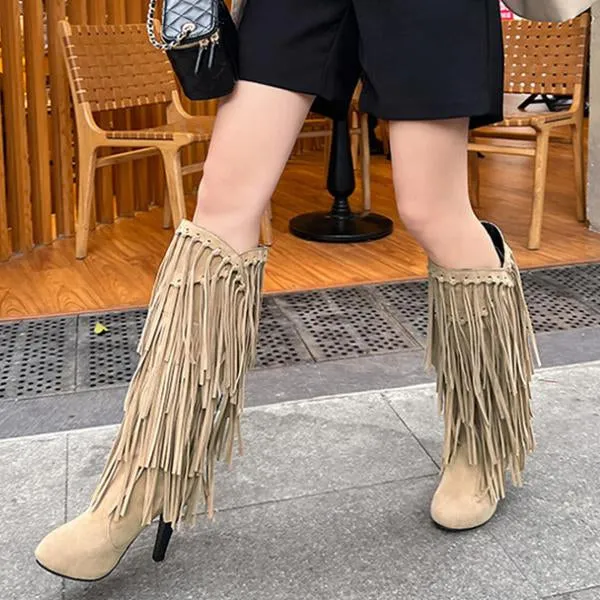 Women's Casual Ethnic Style Thick Heel High Tassel Boots 66647880S