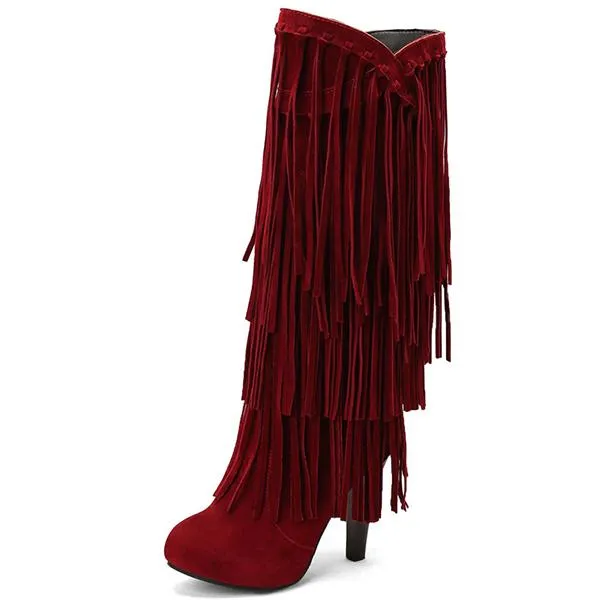 Women's Casual Ethnic Style Thick Heel High Tassel Boots 66647880S