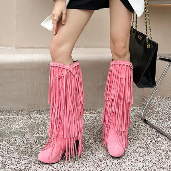 Women's Casual Ethnic Style Thick Heel High Tassel Boots 66647880S