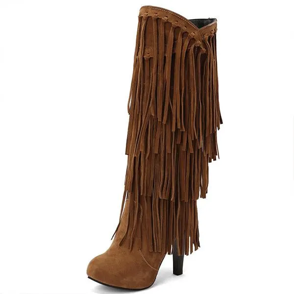 Women's Casual Ethnic Style Thick Heel High Tassel Boots 66647880S