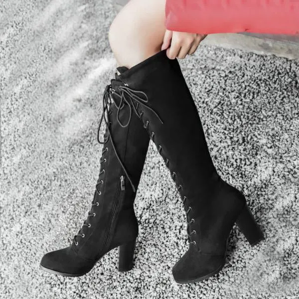 Women's Casual Lace Front Suede High Heel Rider Boots 61174196S